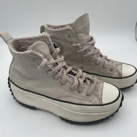 Converse Chuck Taylor Run Star Hike Cream Leather Fur Lined Platform Shoes Sz. 9