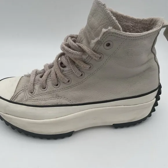 Converse Chuck Taylor Run Star Hike Cream Leather Fur Lined Platform Shoes Sz. 9