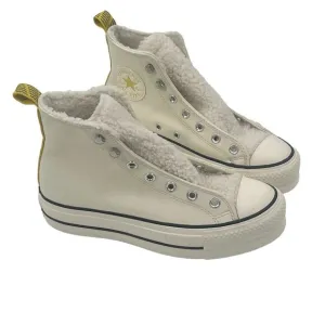 Converse White Leather Platform High Tops Sherling Lined Sneakers Womens 7.5