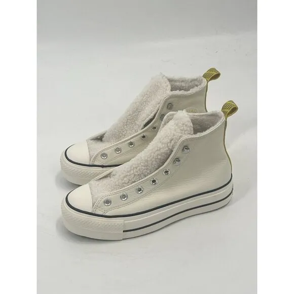 Converse White Leather Platform High Tops Sherling Lined Sneakers Womens 7.5