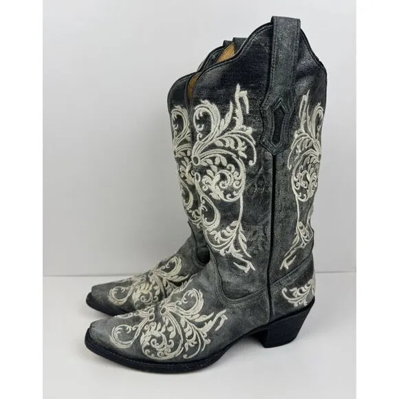 Corral‎ AB014 Gray Leather Embroidered Scroll Snip Toe Cowboy Western Boots 8.5