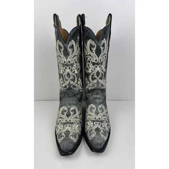 Corral‎ AB014 Gray Leather Embroidered Scroll Snip Toe Cowboy Western Boots 8.5