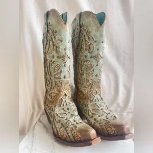 Corral Mint Inlay Glitter Snip Toe Boots