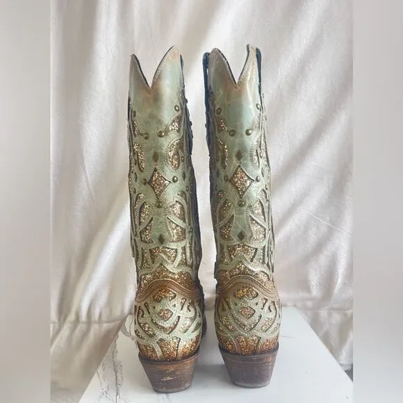 Corral Mint Inlay Glitter Snip Toe Boots