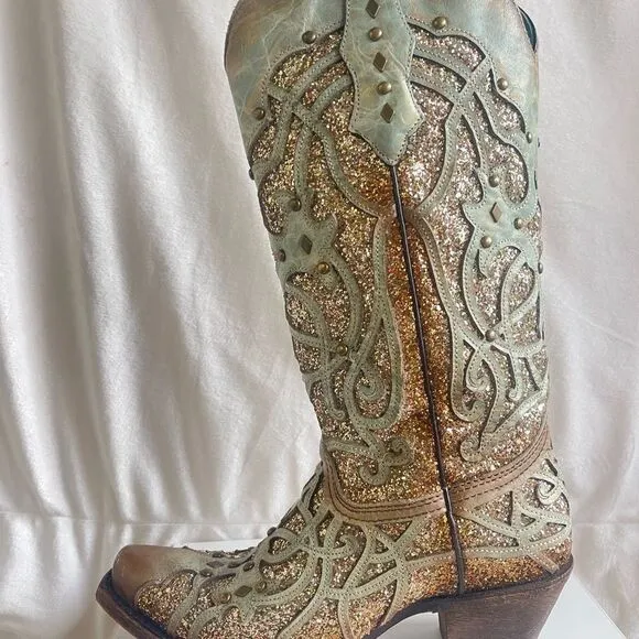 Corral Mint Inlay Glitter Snip Toe Boots
