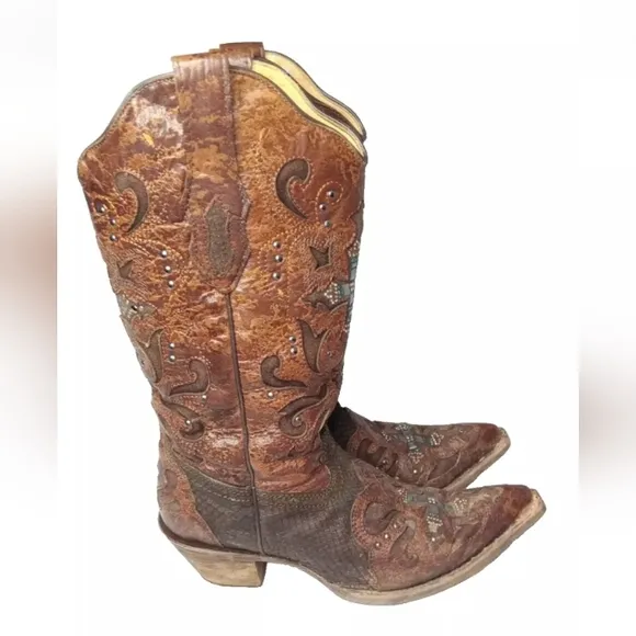 CORRAL Python Crystal Cross Pointed Toe Cowgirl Boots C1104 Women's Size 7.5
