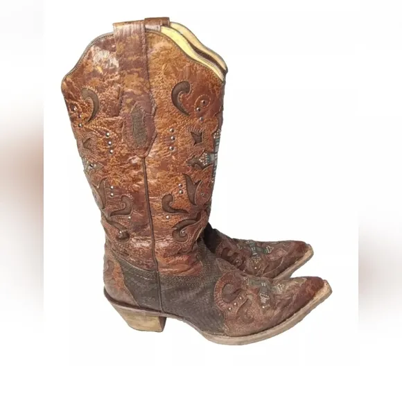 CORRAL Python Crystal Cross Pointed Toe Cowgirl Boots C1104 Women's Size 7.5