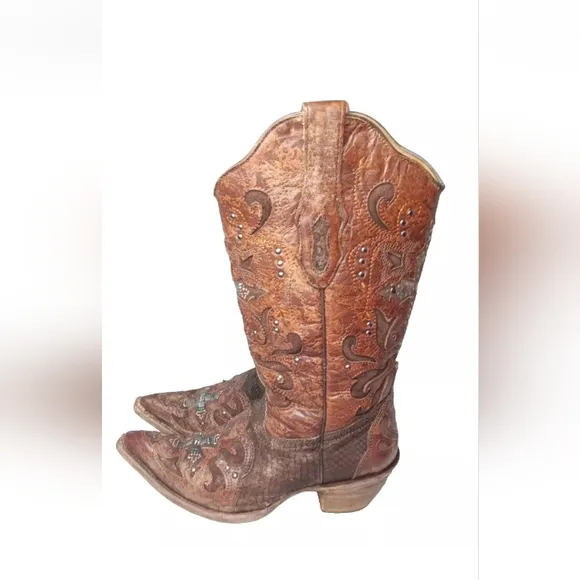 CORRAL Python Crystal Cross Pointed Toe Cowgirl Boots C1104 Women's Size 7.5