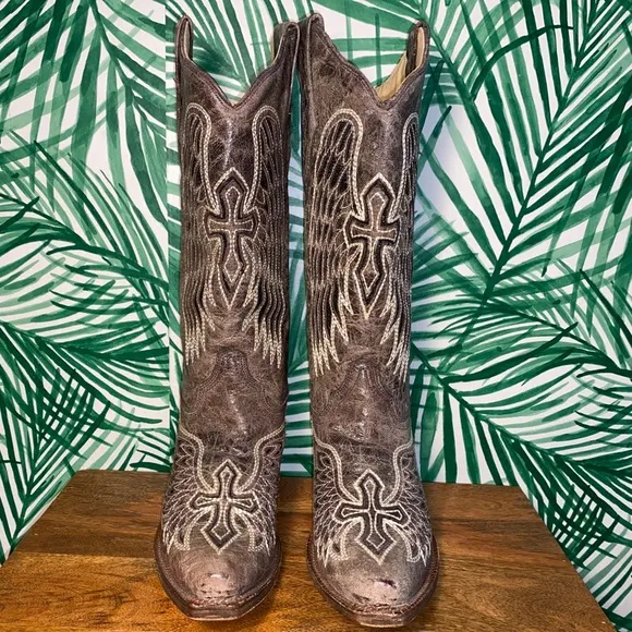 Corral Sequin Wing &amp; Cross Inlay Snip Toe Western Cowboy Boots Women’s 8.5 M