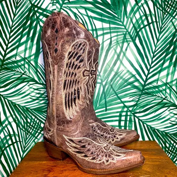 Corral Sequin Wing &amp; Cross Inlay Snip Toe Western Cowboy Boots Women’s 8.5 M