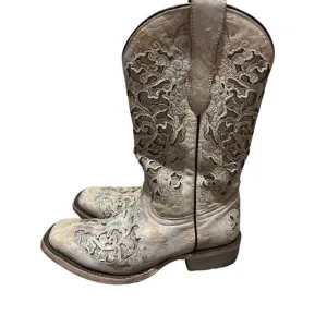Corral Teens Cowboy Boots White Sparkly Square Toe Size 5