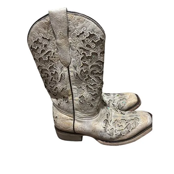 Corral Teens Cowboy Boots White Sparkly Square Toe Size 5