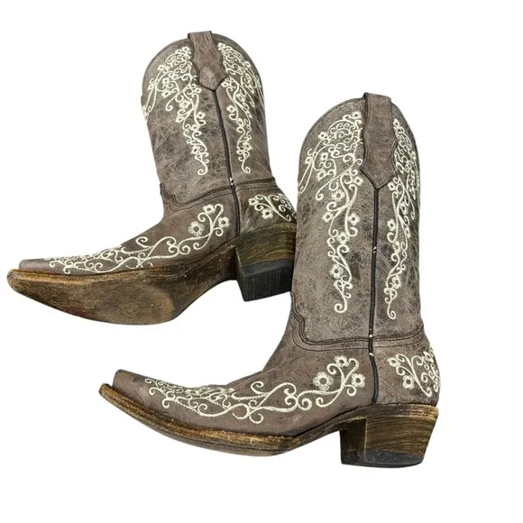 Corral Teens Crater Bone Embroidered Western Boots Square Toe A2773