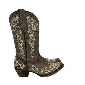 Corral Teens Crater Bone Embroidered Western Boots Square Toe A2773