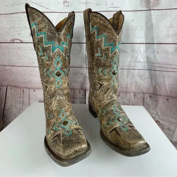Corral Teens Tan Bronze and Turquoise Square Toe Western Boots Cowgirl Sz 4