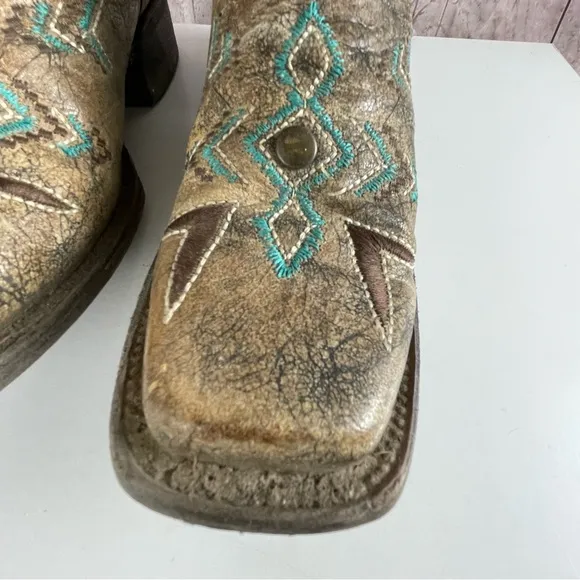 Corral Teens Tan Bronze and Turquoise Square Toe Western Boots Cowgirl Sz 4