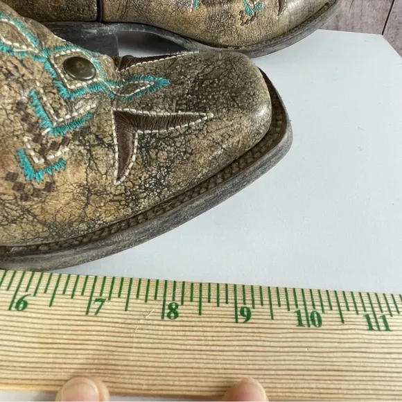 Corral Teens Tan Bronze and Turquoise Square Toe Western Boots Cowgirl Sz 4