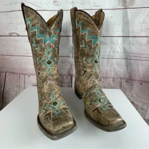 Corral Teens Tan Bronze and Turquoise Square Toe Western Boots Cowgirl Sz 4