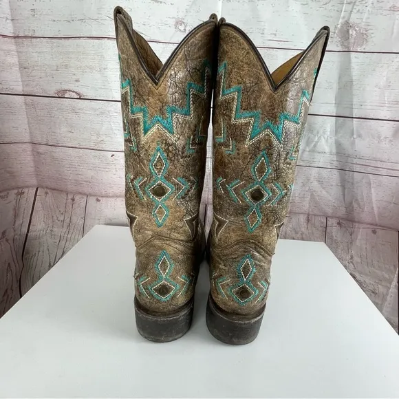 Corral Teens Tan Bronze and Turquoise Square Toe Western Boots Cowgirl Sz 4