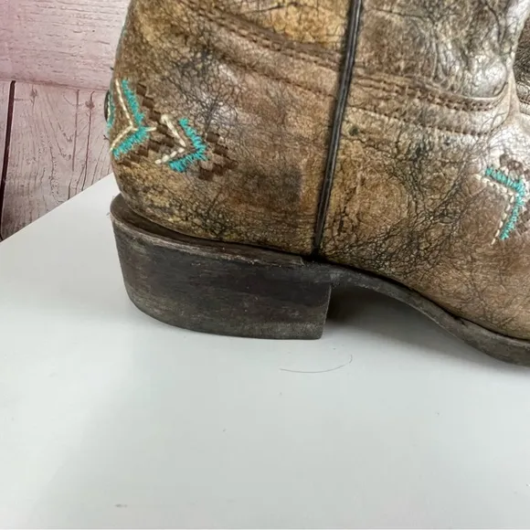 Corral Teens Tan Bronze and Turquoise Square Toe Western Boots Cowgirl Sz 4