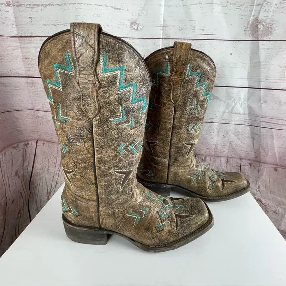 Corral Teens Tan Bronze and Turquoise Square Toe Western Boots Cowgirl Sz 4