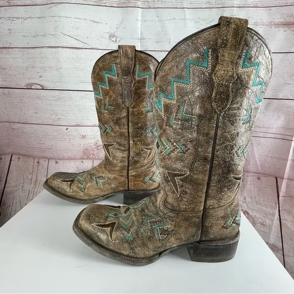 Corral Teens Tan Bronze and Turquoise Square Toe Western Boots Cowgirl Sz 4