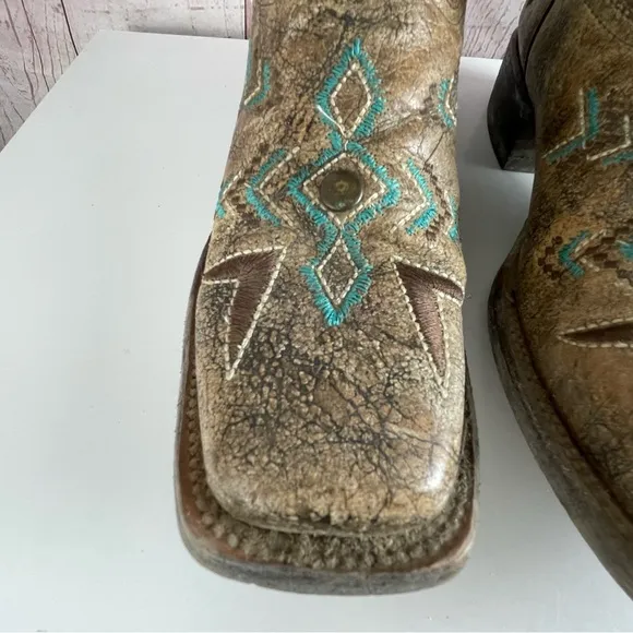 Corral Teens Tan Bronze and Turquoise Square Toe Western Boots Cowgirl Sz 4