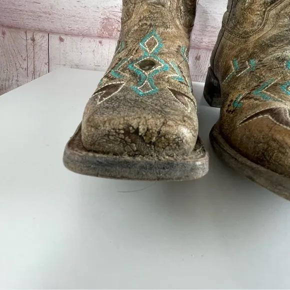 Corral Teens Tan Bronze and Turquoise Square Toe Western Boots Cowgirl Sz 4