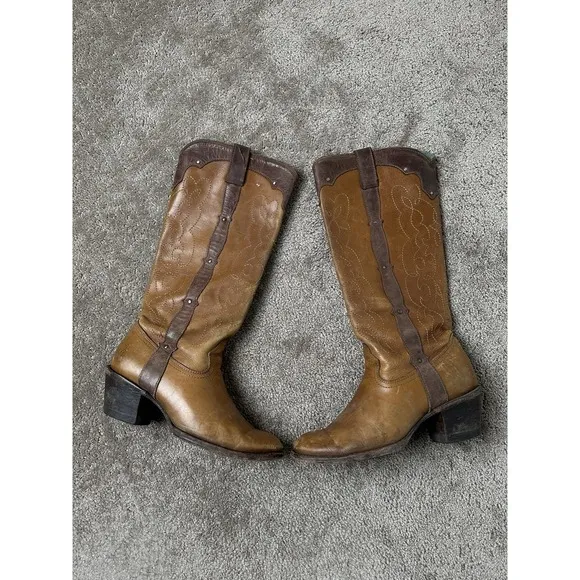 Corral VTG Brown Embroidery‎ Studs Leather Round Toe Western Boots Womens 8 M