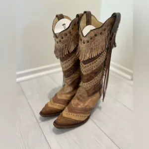 Corral Women's Two Tone Stripes And Fringe Snip Toe Cowgirl Boots A3081