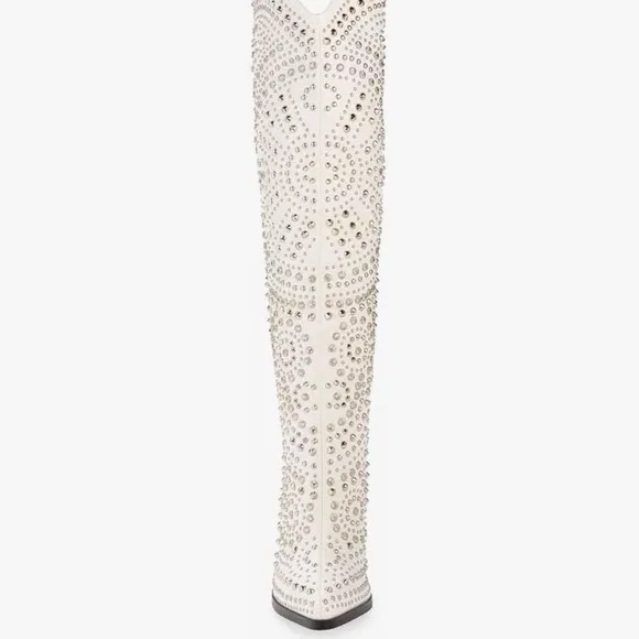 Cowboy Boots Studded Rivets Knee High Block Heels Western Wedding Dress Shoes