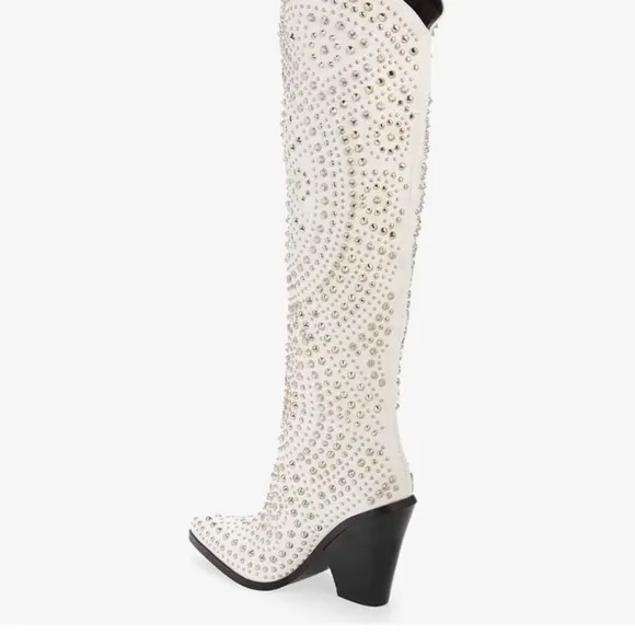 Cowboy Boots Studded Rivets Knee High Block Heels Western Wedding Dress Shoes