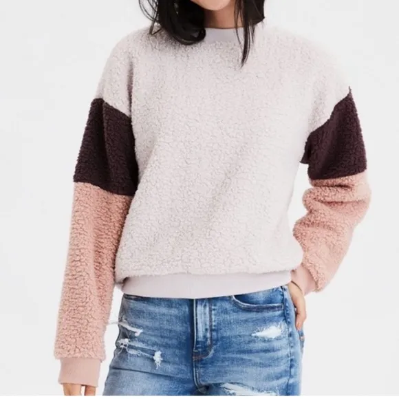 Cozy Fleece Sherpa Pullover Long Sleeve Shirt Rose Pink Mauve Brown Size XLarge