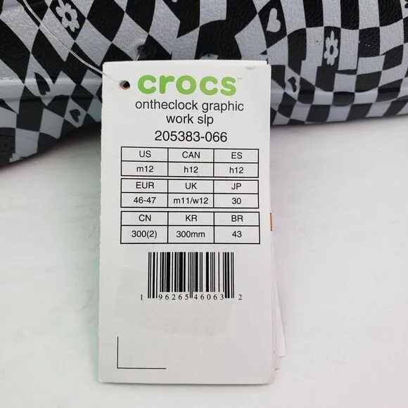 Crocs Adult On The Clock Mens Size 12 Black White Graphic SlipOn Clog Work Shoes