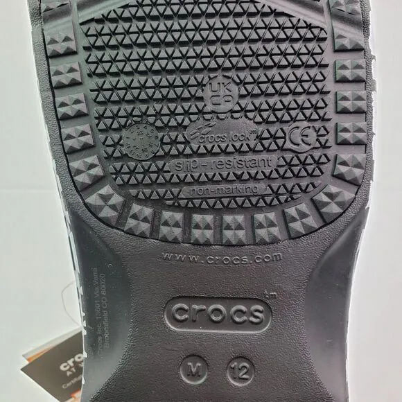 Crocs Adult On The Clock Mens Size 12 Black White Graphic SlipOn Clog Work Shoes