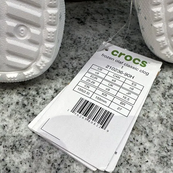 Crocs Disney Frozen Olaf Fleece Lined Shoes Clog Classic  Size C 9 White Snowman