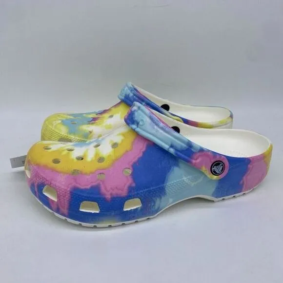Crocs Tie Dye Mens 9 Women 11 Yellow Multi Color Slip On Clogs Shoes Comfort NEW