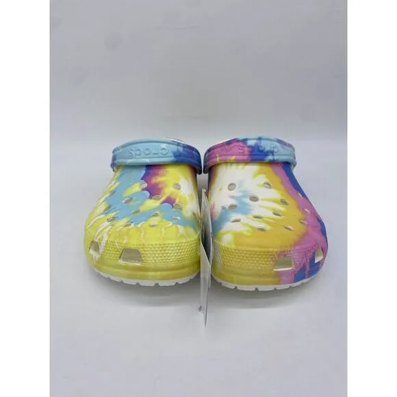 Crocs Tie Dye Mens 9 Women 11 Yellow Multi Color Slip On Clogs Shoes Comfort NEW