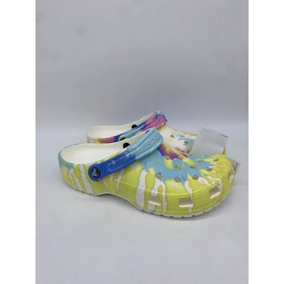 Crocs Tie Dye Mens 9 Women 11 Yellow Multi Color Slip On Clogs Shoes Comfort NEW