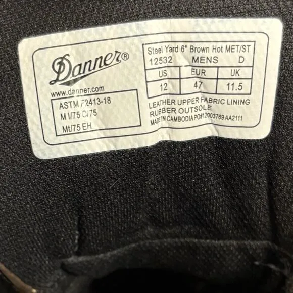 Danner Steel Yard Brown Steel Toe MET Guard 6” Work Boots Men’s 12 D