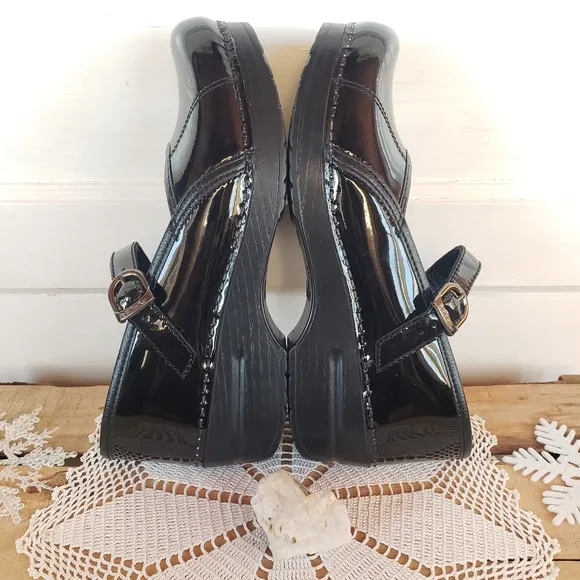 Dansko Pro Mary Jane Clogs Black Patent Leather Marah Strappy Buckle Boho 7.5-8