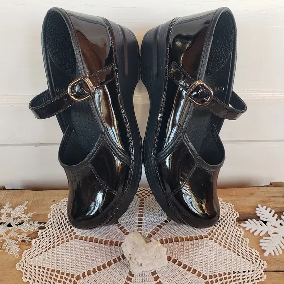 Dansko Pro Mary Jane Clogs Black Patent Leather Marah Strappy Buckle Boho 7.5-8