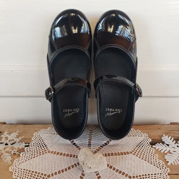 Dansko Pro Mary Jane Clogs Black Patent Leather Marah Strappy Buckle Boho 7.5-8
