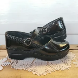 Dansko Pro Mary Jane Clogs Black Patent Leather Marah Strappy Buckle Boho 7.5-8