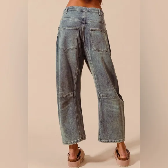 Dark Wash mid rise elastic banded boho bohemian casual chic barrel jeans