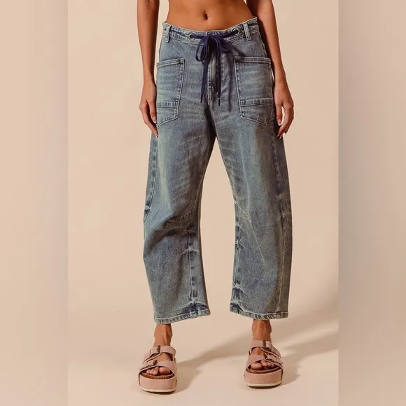 Dark Wash mid rise elastic banded boho bohemian casual chic barrel jeans