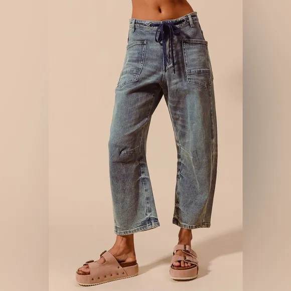 Dark Wash mid rise elastic banded boho bohemian casual chic barrel jeans
