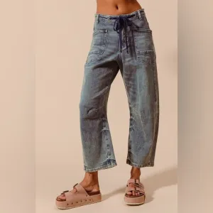 Dark Wash mid rise elastic banded boho bohemian casual chic barrel jeans
