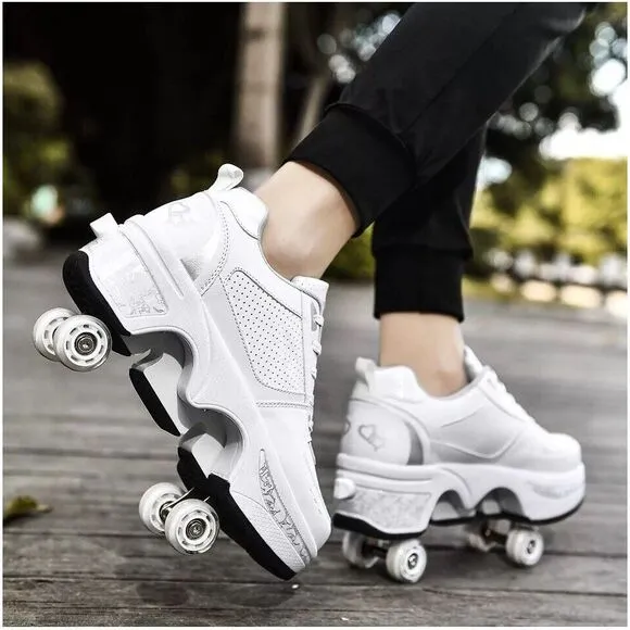 Deformation Roller Skate Shoes Retractable Wheels White Womens Size 9.5
