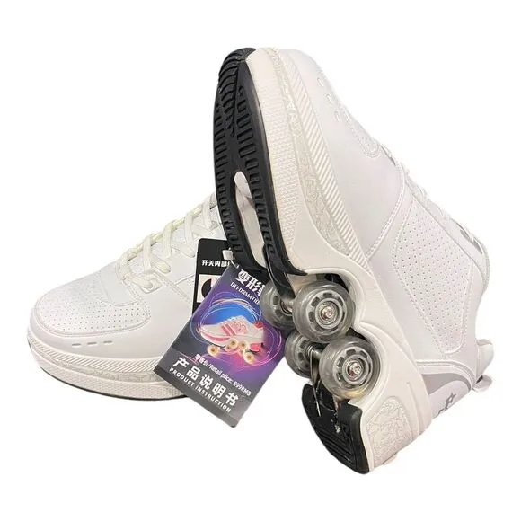 Deformation Roller Skate Shoes Retractable Wheels White Womens Size 9.5